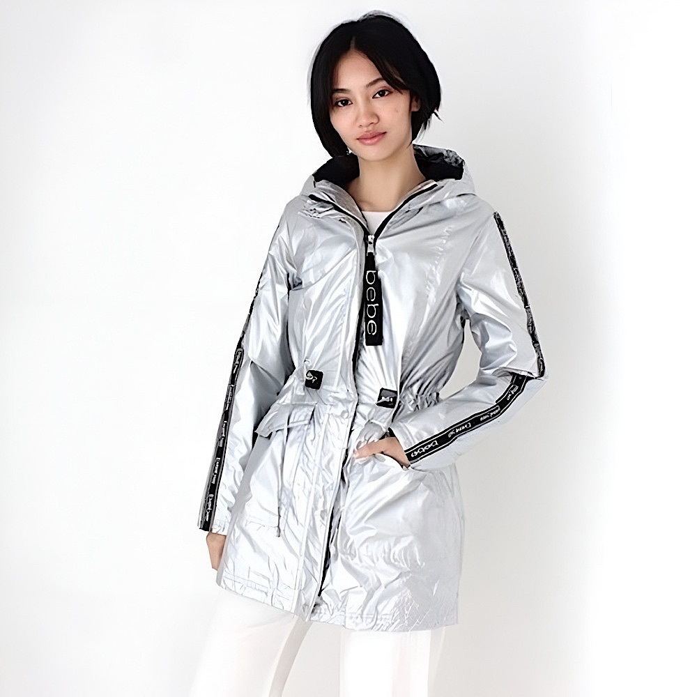 Bebe Sport Metallic Silver Hooded Anorak Parka Jacket Logo Tape Y2K Size Medium